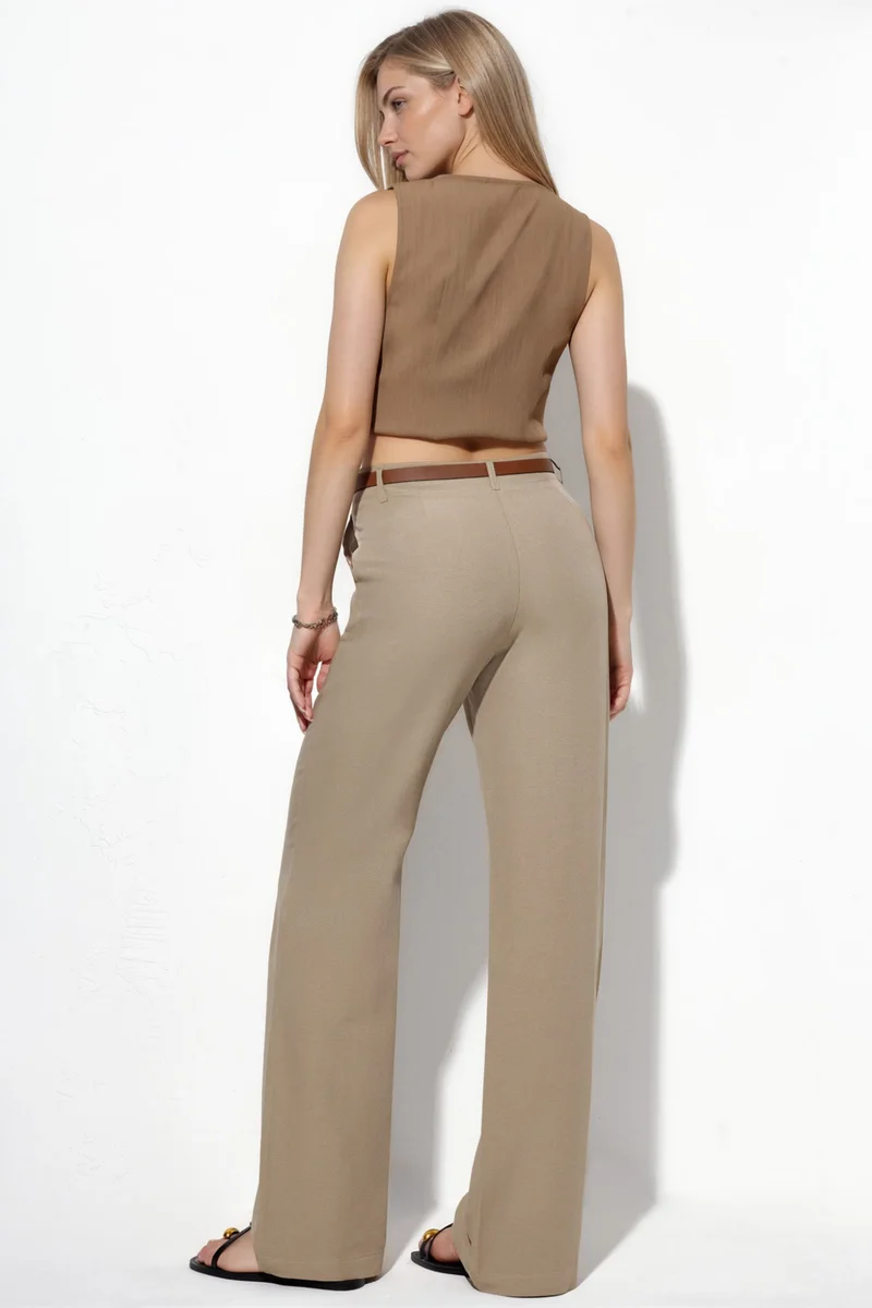Hiccup Beaver Brown Belted Linen-Look Straight Leg Trousers for Women | Best Price UAE
