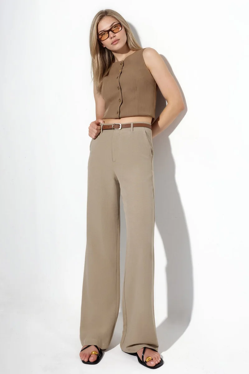 Hiccup Beaver Brown Belted Linen-Look Straight Leg Trousers for Women | Best Price UAE