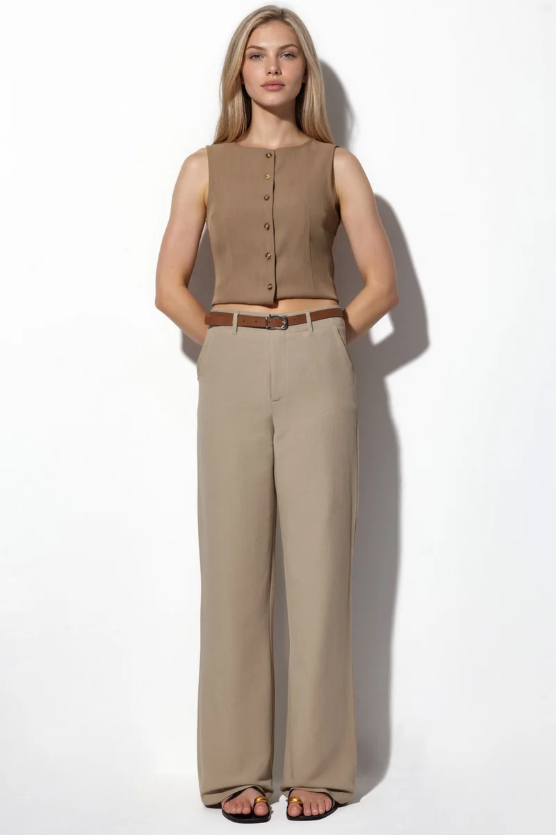 Hiccup Beaver Brown Belted Linen-Look Straight Leg Trousers for Women | Best Price UAE