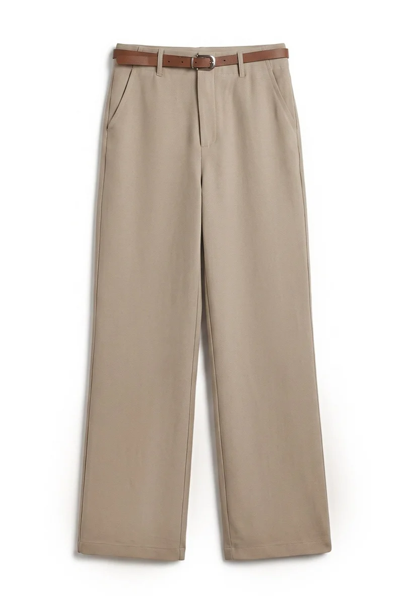Hiccup Beaver Brown Belted Linen-Look Straight Leg Trousers for Women | Best Price UAE