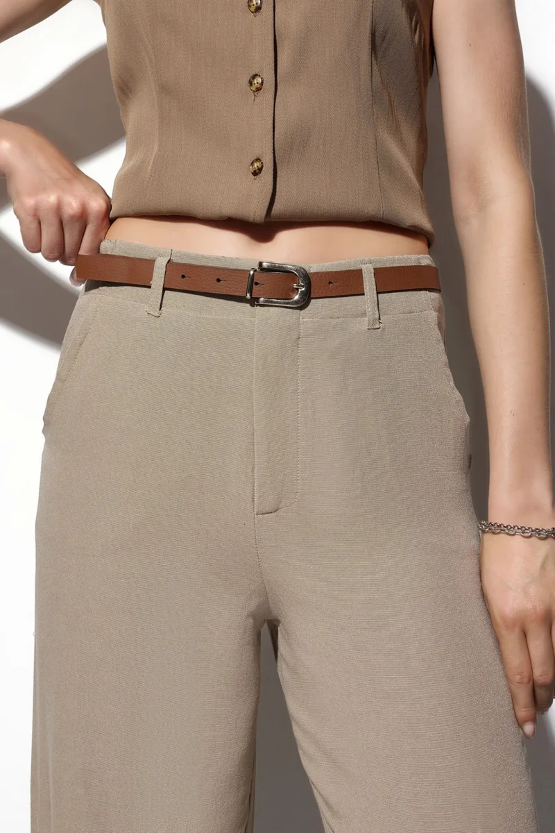 Hiccup Beaver Brown Belted Linen-Look Straight Leg Trousers for Women | Best Price UAE