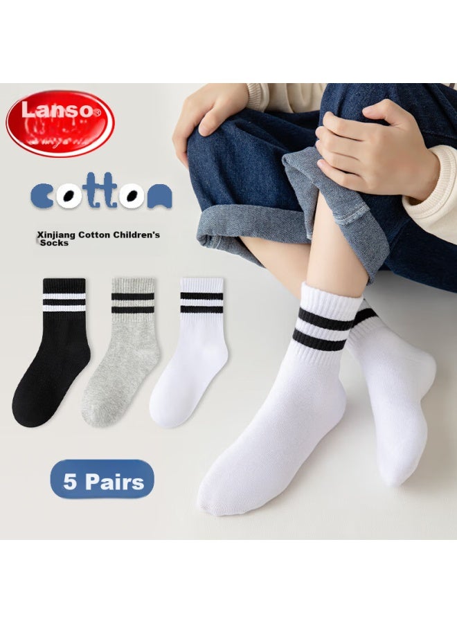 LANG SHA Langsha Children's Socks, Boys' All-season School White Socks, Youth Mid-calf Casual Sports Cotton Socks - Image 1