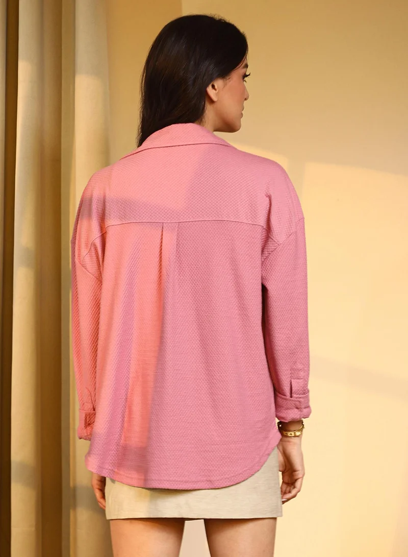 Campus Sutra  Women's Salmon Pink Textured Boxy Shirt For Casual Wear | Spread Collar | Long Sleeve | Button Closure | Shirt Designed With Comfortable Fit For Woman & Girls for Women | Best Price UAE