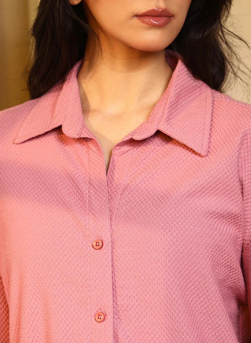 Campus Sutra  Women's Salmon Pink Textured Boxy Shirt For Casual Wear | Spread Collar | Long Sleeve | Button Closure | Shirt Designed With Comfortable Fit For Woman & Girls for Women | Best Price UAE