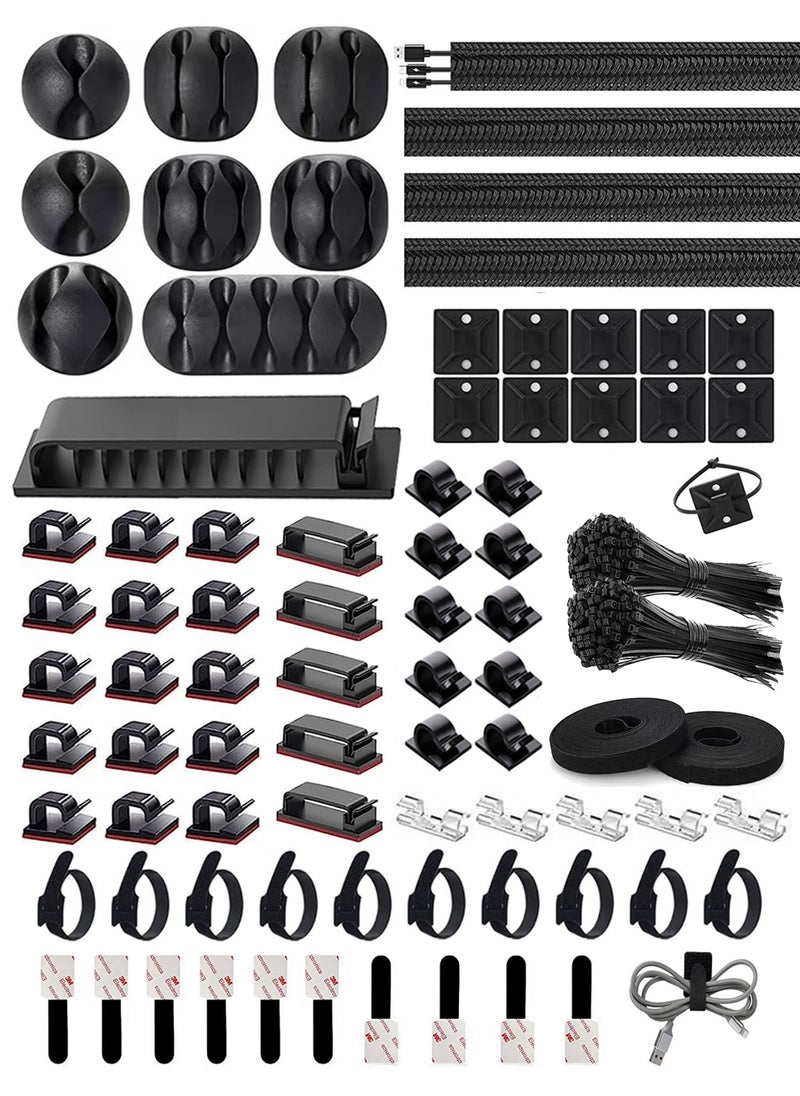 Uwals 280-PCS Cord Management Organizer Kit 4 Cable Sleeve split with 44 Self Adhesive Cable Clips Holder, 10pcs and 2 Roll Self Adhesive tie and 200 Fastening Cable Ties for TV Office Car Desk Home  - Image 1