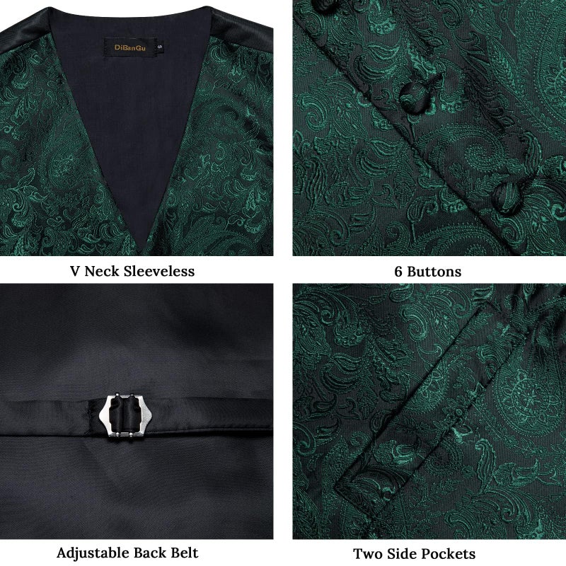 DiBanGu Mens Paisley Vest Tie Set with Lapel Pin Tie Clip 7PCS Silk V-Neck Suit Waistcoat and Necktie for Tuxedo Wedding, Emerald Green, X-Large - Image 4