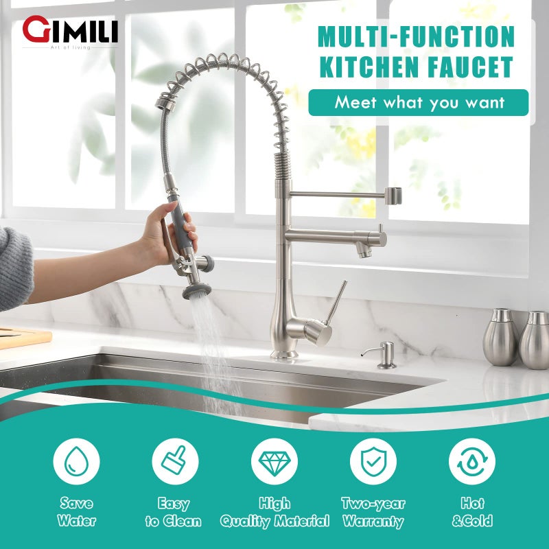 GIMILI Commercial Kitchen Faucet with Pull Down Sprayer, Double Headed Single Handle High Pressure Kitchen Faucet with Soap Dispenser Brushed Nickel - Image 5