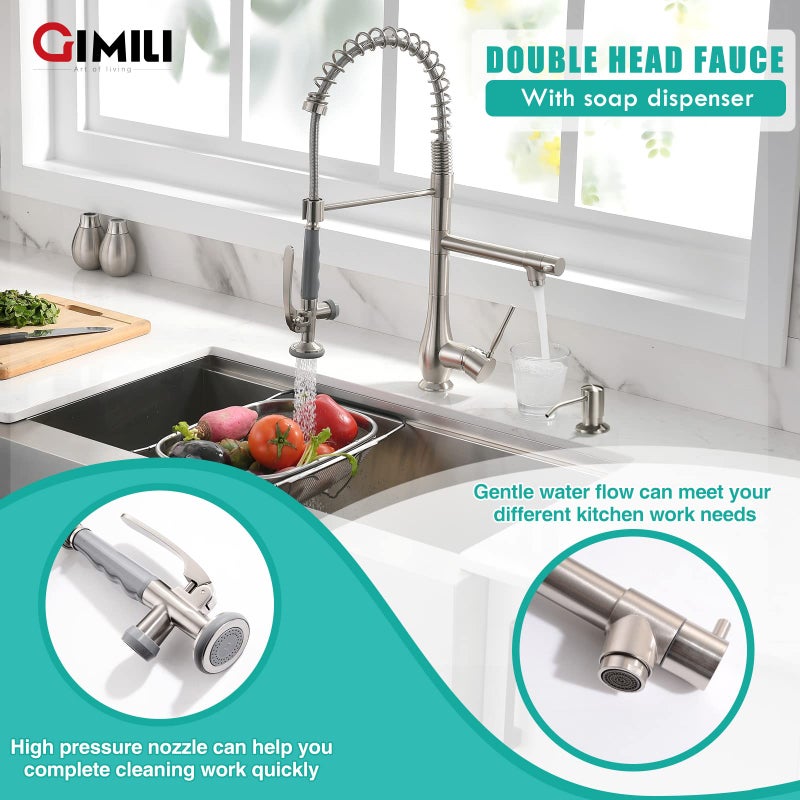 GIMILI Commercial Kitchen Faucet with Pull Down Sprayer, Double Headed Single Handle High Pressure Kitchen Faucet with Soap Dispenser Brushed Nickel - Image 3