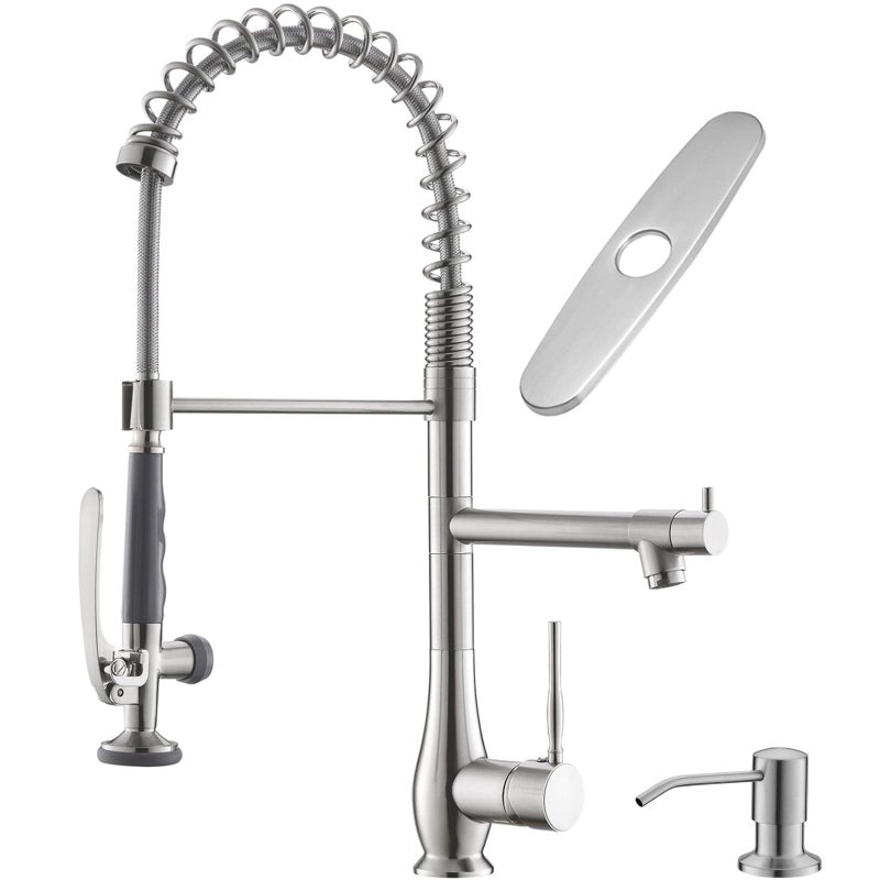GIMILI Commercial Kitchen Faucet with Pull Down Sprayer, Double Headed Single Handle High Pressure Kitchen Faucet with Soap Dispenser Brushed Nickel - Image 1