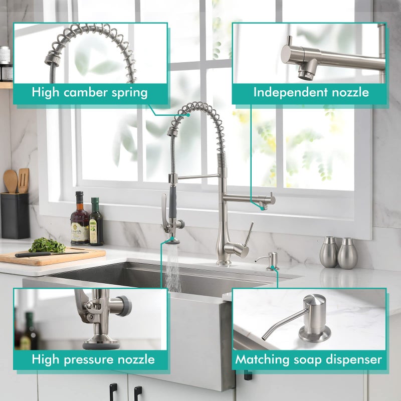 GIMILI Commercial Kitchen Faucet with Pull Down Sprayer, Double Headed Single Handle High Pressure Kitchen Faucet with Soap Dispenser Brushed Nickel - Image 4