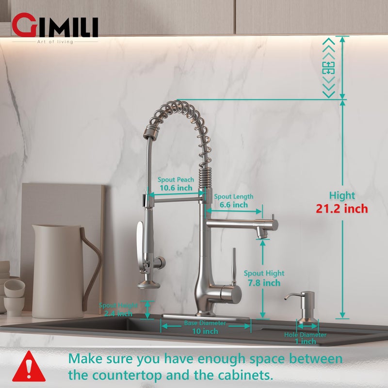 GIMILI Commercial Kitchen Faucet with Pull Down Sprayer, Double Headed Single Handle High Pressure Kitchen Faucet with Soap Dispenser Brushed Nickel - Image 2