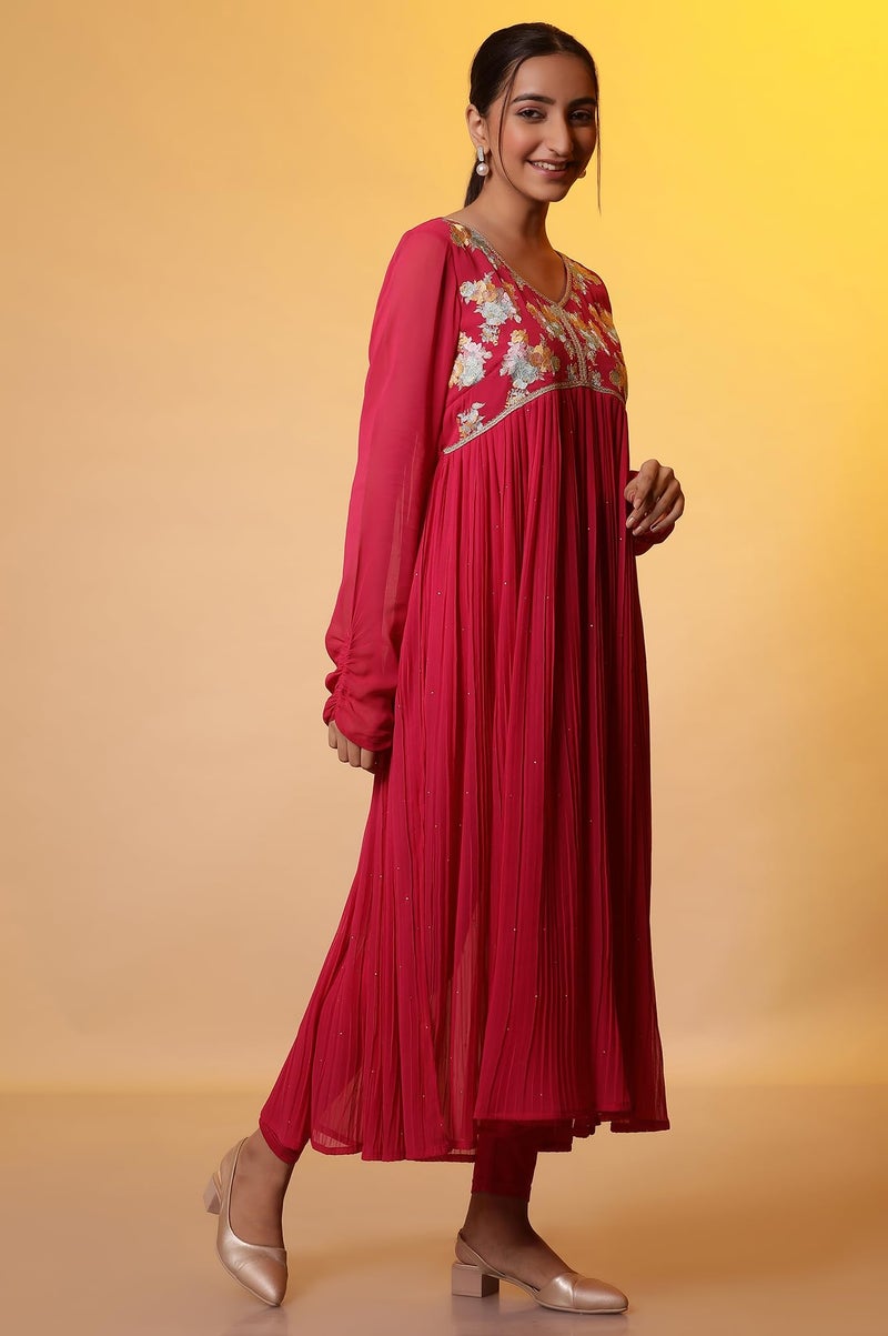Aurelia Pink Embroidered High-Slits Kurta, Tights and Dupatta Set (Size: L)-24FED10644-507788 - Image 5