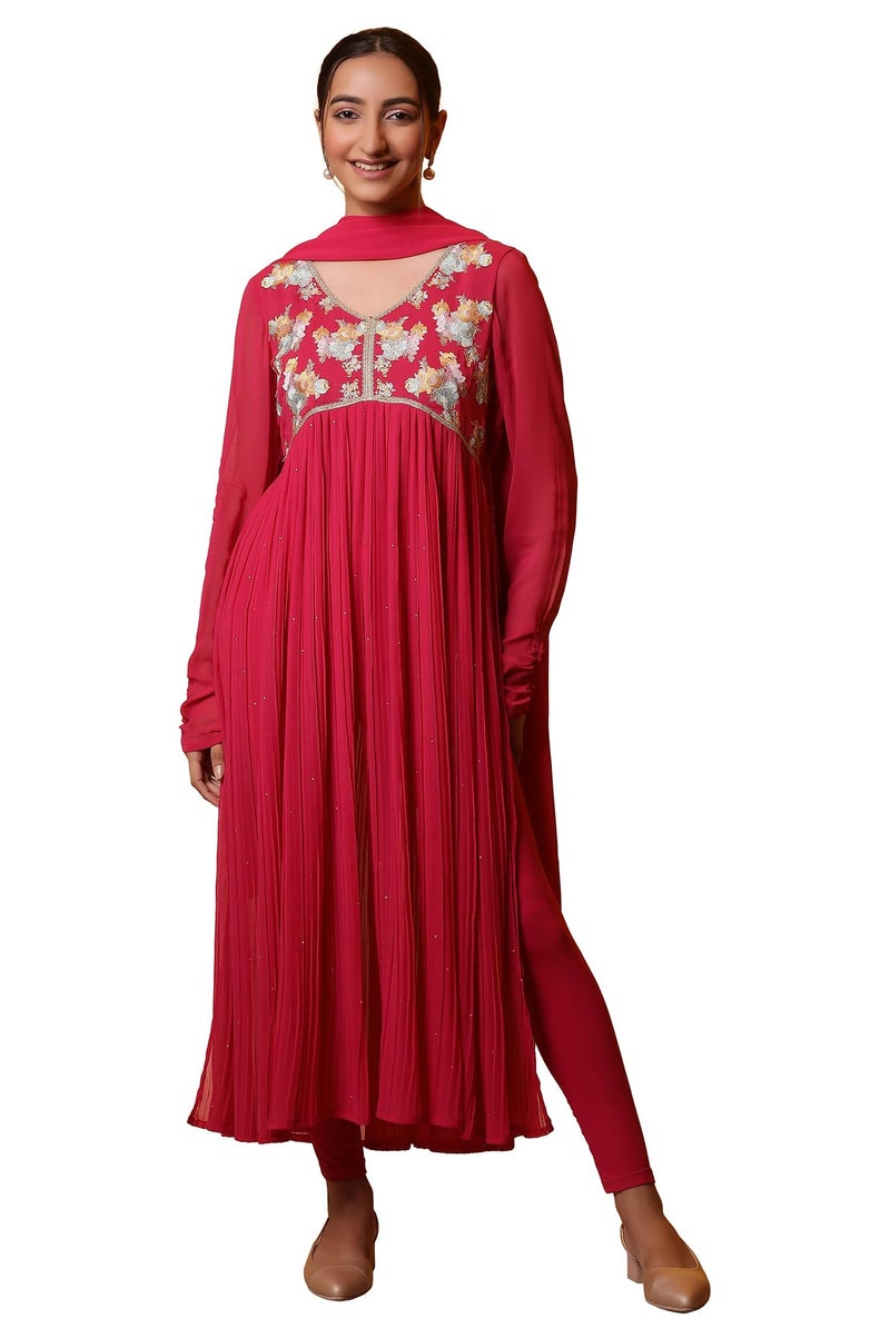 Aurelia Pink Embroidered High-Slits Kurta, Tights and Dupatta Set (Size: L)-24FED10644-507788 - Image 1