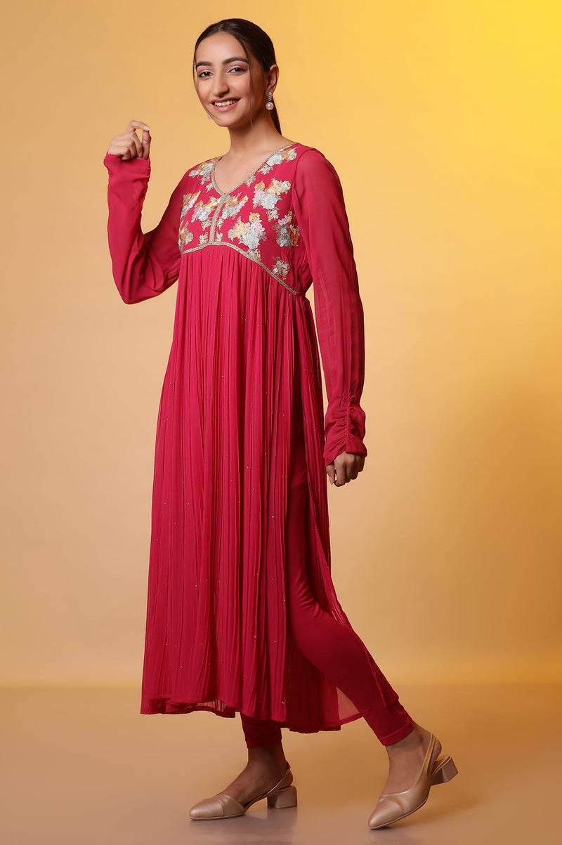 Aurelia Pink Embroidered High-Slits Kurta, Tights and Dupatta Set (Size: L)-24FED10644-507788 - Image 3