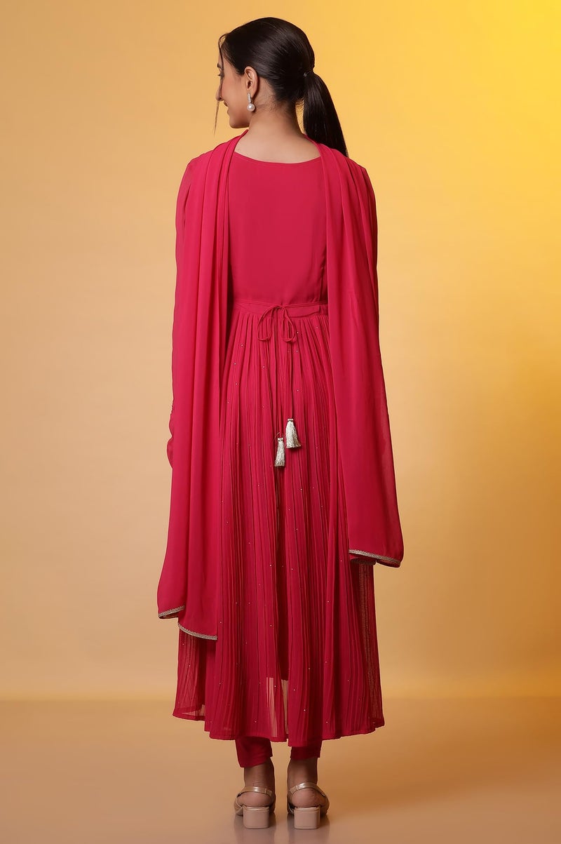 Aurelia Pink Embroidered High-Slits Kurta, Tights and Dupatta Set (Size: L)-24FED10644-507788 - Image 4