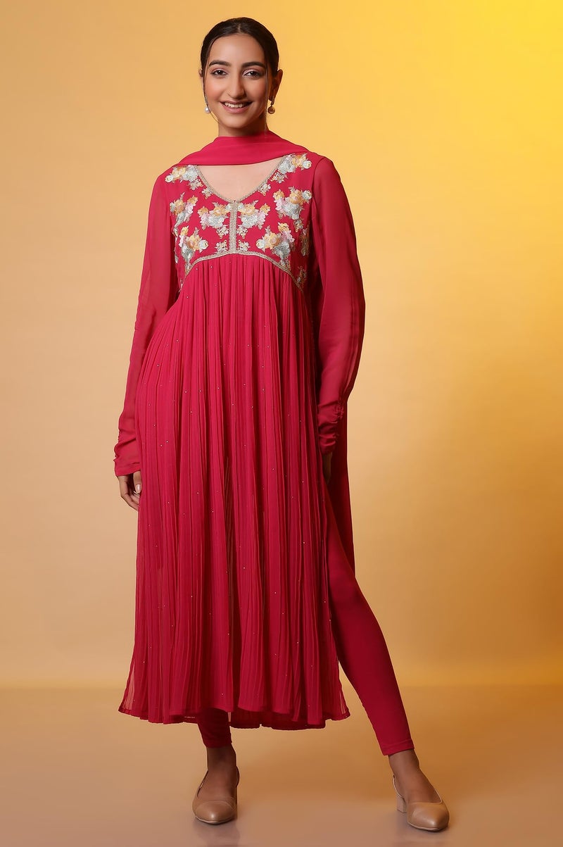 Aurelia Pink Embroidered High-Slits Kurta, Tights and Dupatta Set (Size: L)-24FED10644-507788 - Image 2