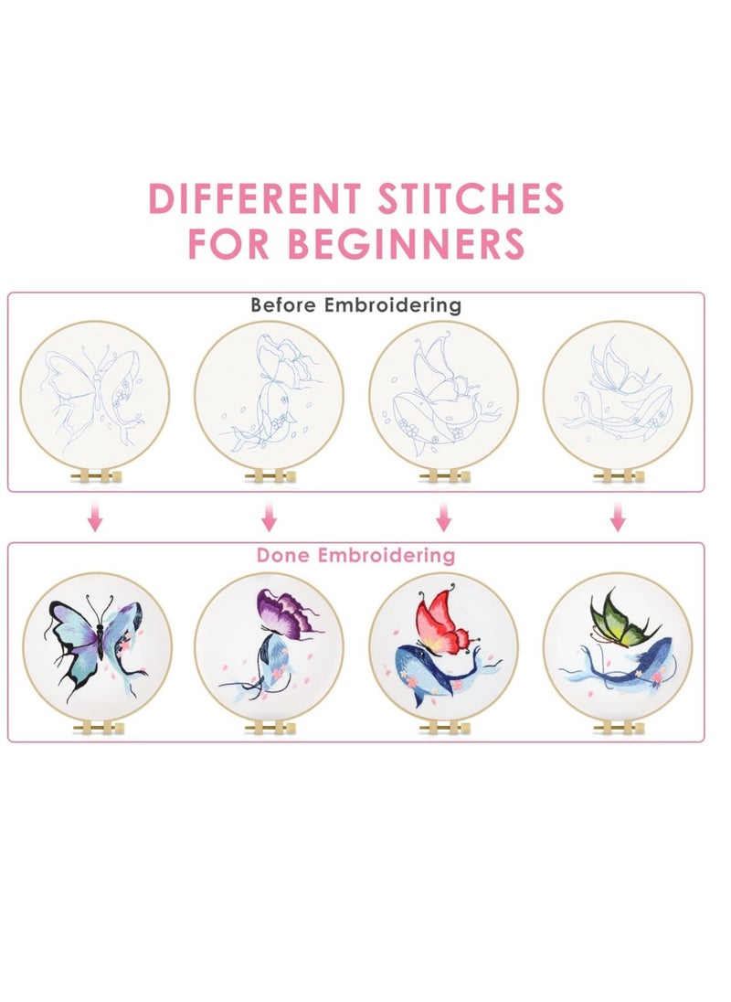 Generic - Beginners Embroidery Stitch Practice kit,  erfly Whale Embroidery Kit for Beginners Include Embroidery Cloth Hoops Threads for Craft Lover Hand Stitch with Embroidery Skill Techniques 4 Sets - Image 1