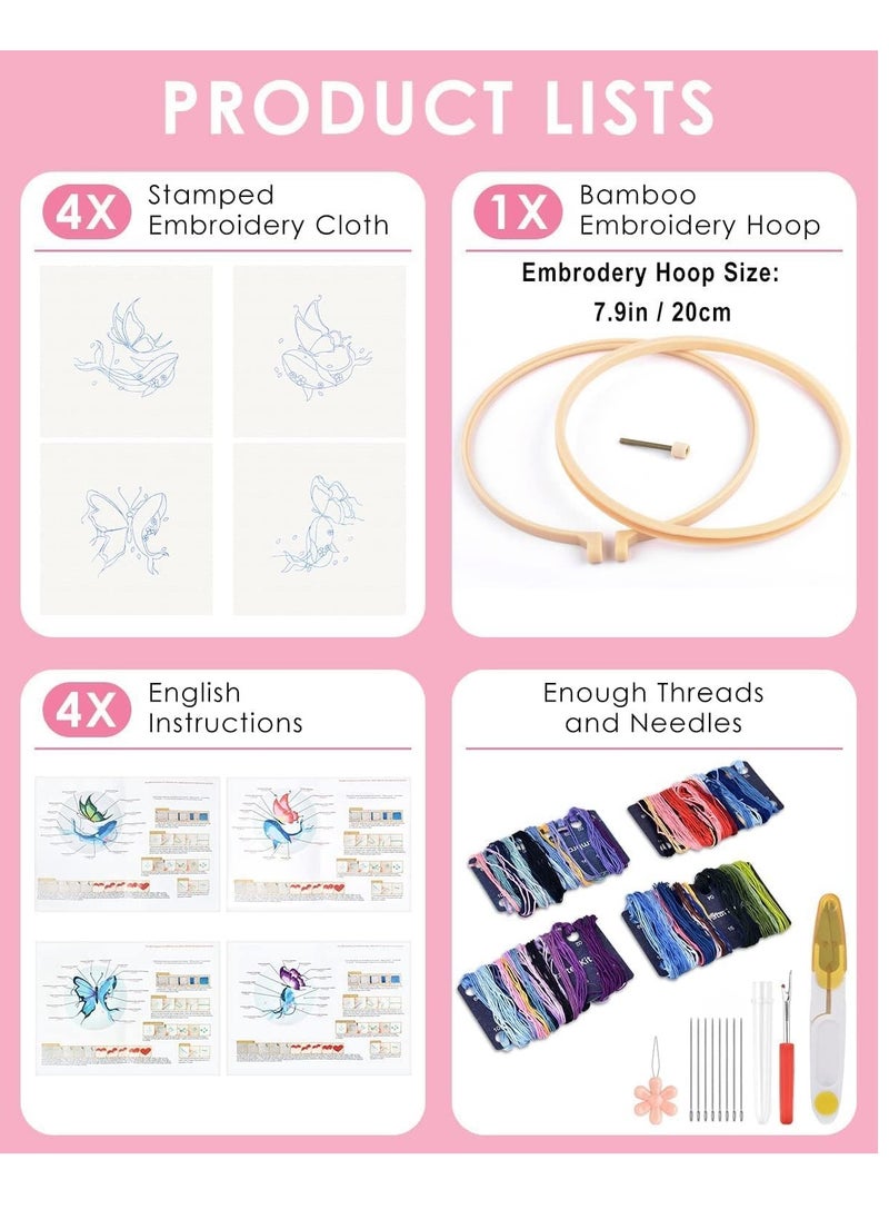 Generic - Beginners Embroidery Stitch Practice kit,  erfly Whale Embroidery Kit for Beginners Include Embroidery Cloth Hoops Threads for Craft Lover Hand Stitch with Embroidery Skill Techniques 4 Sets - Image 1