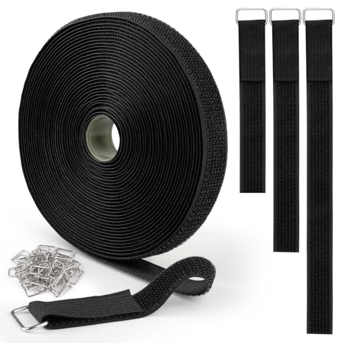 Opvixi Hook and Loop Straps 1inch x 32ft with 50 Metal Buckles, Cut to Length Cinch Straps Heavy Duty, Adjustable Fastening Cable Straps, Reusable Nylon Securing Cord Ties for Organizer, Black - Image 1