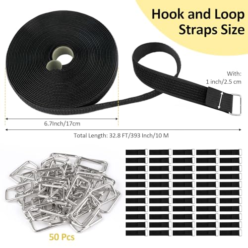 Opvixi Hook and Loop Straps 1inch x 32ft with 50 Metal Buckles, Cut to Length Cinch Straps Heavy Duty, Adjustable Fastening Cable Straps, Reusable Nylon Securing Cord Ties for Organizer, Black - Image 2