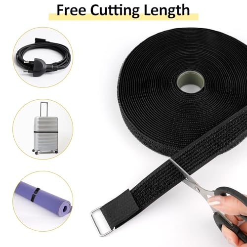 Opvixi Hook and Loop Straps 1inch x 32ft with 50 Metal Buckles, Cut to Length Cinch Straps Heavy Duty, Adjustable Fastening Cable Straps, Reusable Nylon Securing Cord Ties for Organizer, Black - Image 5