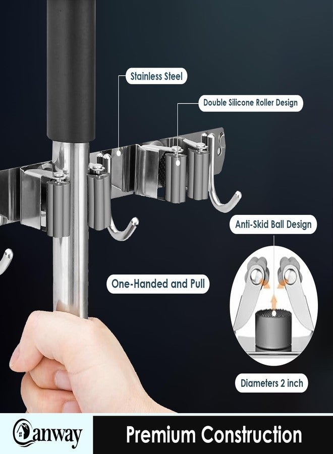 CANWAY® 1 Piece Stainless Steel 5 Racks with 6 Hooks Heavy Duty Wall Mounted Broom and Mop Stick Holder, Hanging Tools for Home Kitchen Garden Laundry Garage (Silver) - Image 3