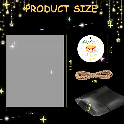WANGDEFA 100 pcs S'more fun bags set bottom gusset bags clear cello cellophane with S'mores fun tags and twine for baked goods - Image 2