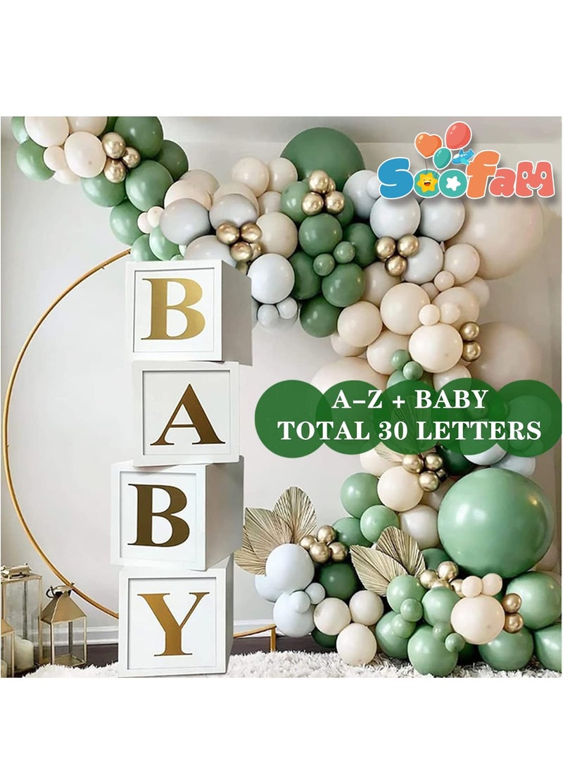 Soofam 34 Piece Balloon Box with 4 Pcs White Baby Blocks and A-Z 26 Letters, White Box with Gold Letters,Stereoscopic Party Boxes for Boys Girls Baby Shower Decorations Gender Reveal (BABY+A-Z Letters) - Image 1