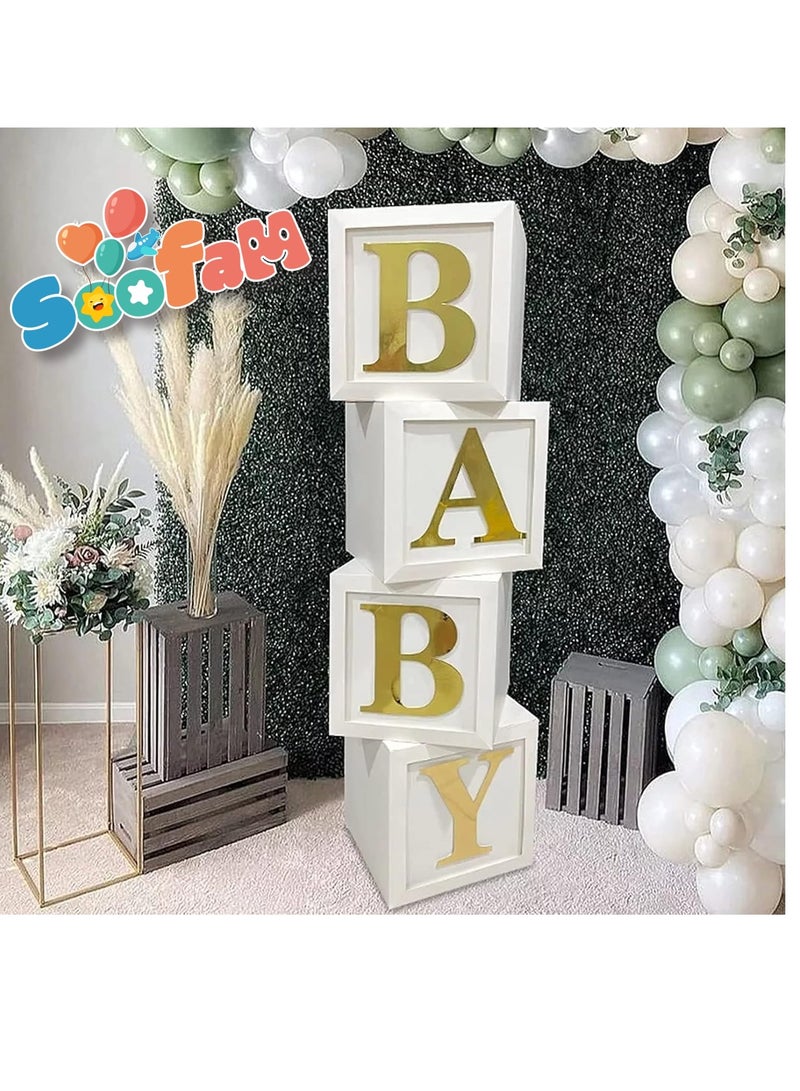 Soofam 34 Piece Balloon Box with 4 Pcs White Baby Blocks and A-Z 26 Letters, White Box with Gold Letters,Stereoscopic Party Boxes for Boys Girls Baby Shower Decorations Gender Reveal (BABY+A-Z Letters) - Image 2