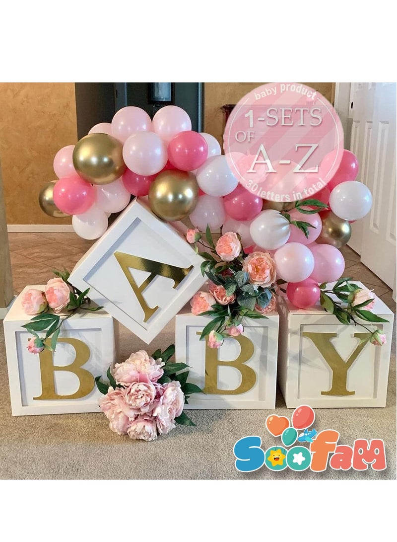Soofam 34 Piece Balloon Box with 4 Pcs White Baby Blocks and A-Z 26 Letters, White Box with Gold Letters,Stereoscopic Party Boxes for Boys Girls Baby Shower Decorations Gender Reveal (BABY+A-Z Letters) - Image 5