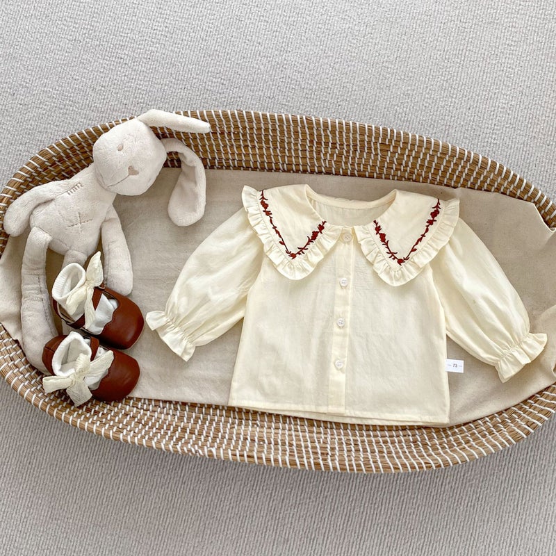 Autumn 2024 new baby girl long sleeve lapel top corduroy suspenders baby suit Korean two-piece suit Tops 
