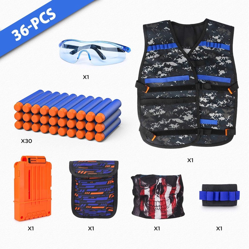 KKONES Store طقم سترة تكتيكية للأطفال لألعاب نيرف مع رصاص إضافي، حقيبة رصاص، مشابك إعادة تحميل، قناع تكتيكي، سوار ومع نظارات واقية، ألعاب للأولاد من 8 إلى 12 سنة - Image 2
