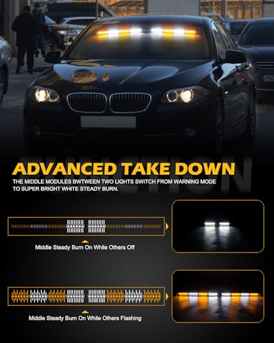 HLauto 604N Emergency Dash Strobe Lights: 2x16.8 inch Amber White Security Light w/Take Down, 48 LED Safety Flashing Warning Hazard Interior Windshield Light Bar for Truck Vehicle - Image 4