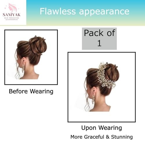 Samyak Crystal Pearl Hair Vine Tiara Hair Accessory Headband Headdress Hair Jewellery For Women | Hair Pin | Bun | Hair Clip For Bridal Wedding Functions Bridesmaid, Gold, Pack of 1 - Image 5