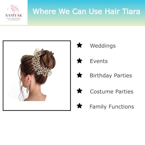 Samyak Crystal Pearl Hair Vine Tiara Hair Accessory Headband Headdress Hair Jewellery For Women | Hair Pin | Bun | Hair Clip For Bridal Wedding Functions Bridesmaid, Gold, Pack of 1 - Image 3