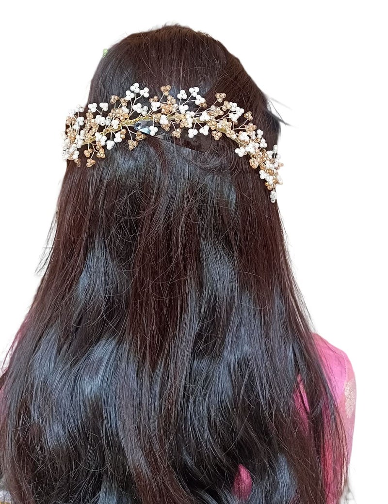 Samyak Crystal Pearl Hair Vine Tiara Hair Accessory Headband Headdress Hair Jewellery For Women | Hair Pin | Bun | Hair Clip For Bridal Wedding Functions Bridesmaid, Gold, Pack of 1 - Image 1
