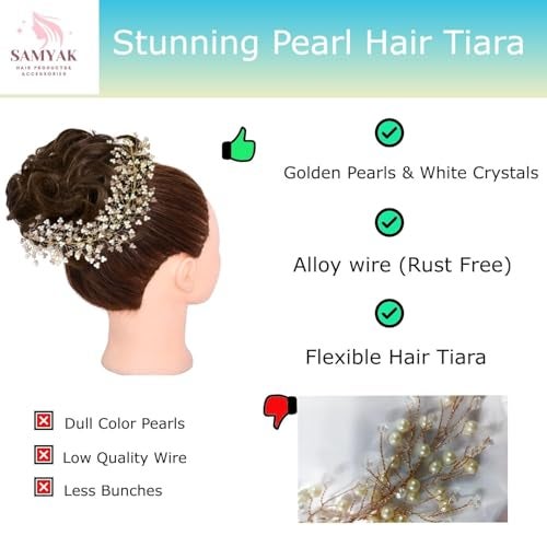 Samyak Crystal Pearl Hair Vine Tiara Hair Accessory Headband Headdress Hair Jewellery For Women | Hair Pin | Bun | Hair Clip For Bridal Wedding Functions Bridesmaid, Gold, Pack of 1 - Image 4