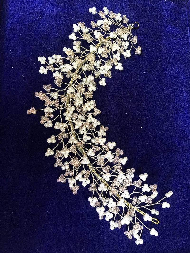 Samyak Crystal Pearl Hair Vine Tiara Hair Accessory Headband Headdress Hair Jewellery For Women | Hair Pin | Bun | Hair Clip For Bridal Wedding Functions Bridesmaid, Gold, Pack of 1 - Image 2