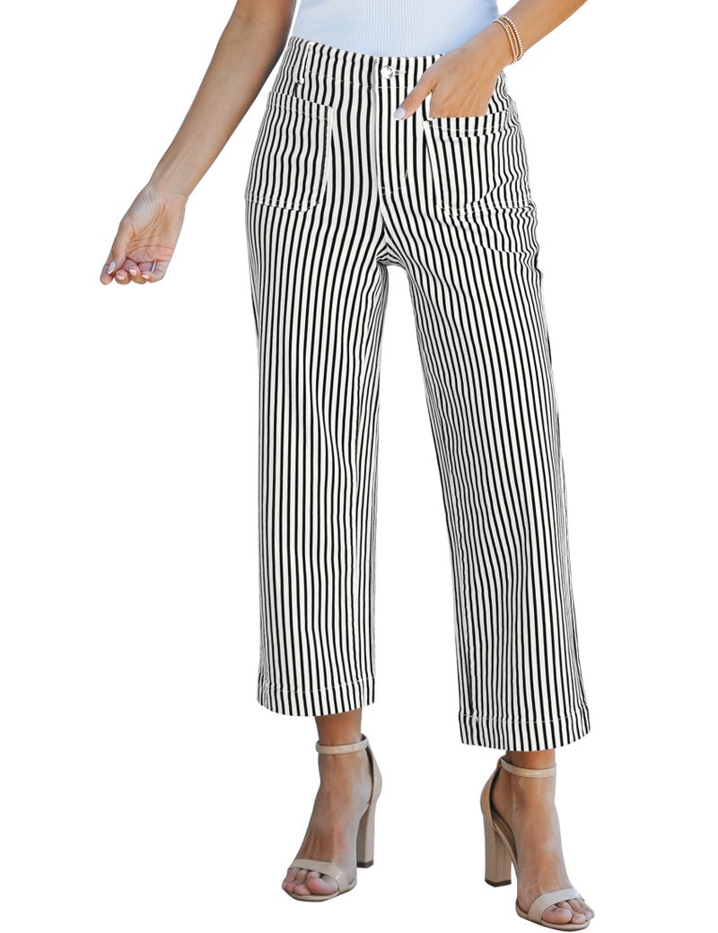 luvamia Trendy Striped Stretchy Black Jeans Womens High Waisted Wide Leg Cropped Pants for Women Cruise Outfits Denim Fall Pants with Patch Pocket Black Medium US Size 8-10 - Image 1