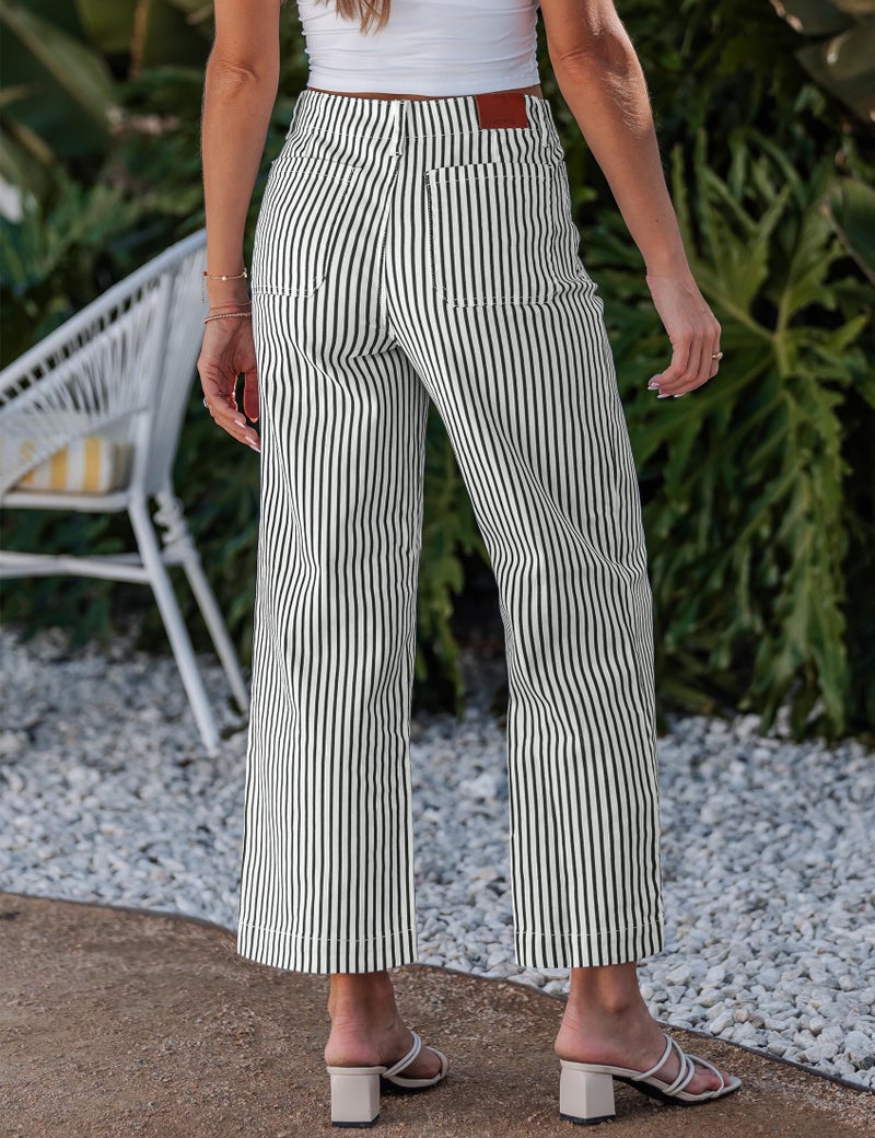 luvamia Trendy Striped Stretchy Black Jeans Womens High Waisted Wide Leg Cropped Pants for Women Cruise Outfits Denim Fall Pants with Patch Pocket Black Medium US Size 8-10 - Image 2