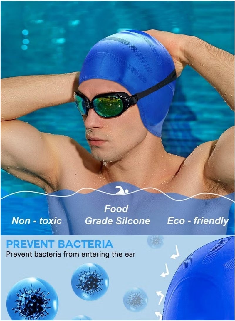 قبعة سباحة من السيليكون للرجال والنساء والبالغين، متينة ومرنة وصديقة للبشرة، قبعات سباحة للشعر الطويل والقصير، تحمي أذنيك وشعرك، تصميم مريح مع جيب لحماية الأذن - Image 3