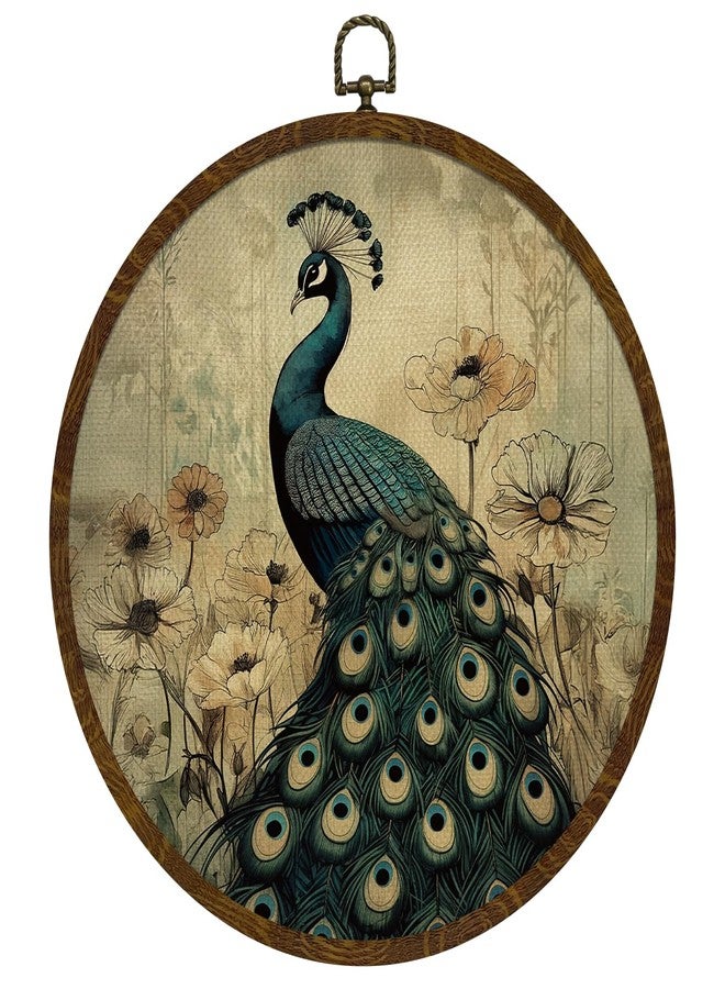 KLYTINK Vintage Peacock Wall Art, Round Wood Grain Frame, Floral Garden Design, Hanging Round Decor,Linen Canvas Prints for Bedroom Living Room Diameter 10in (Peacock) - Image 1