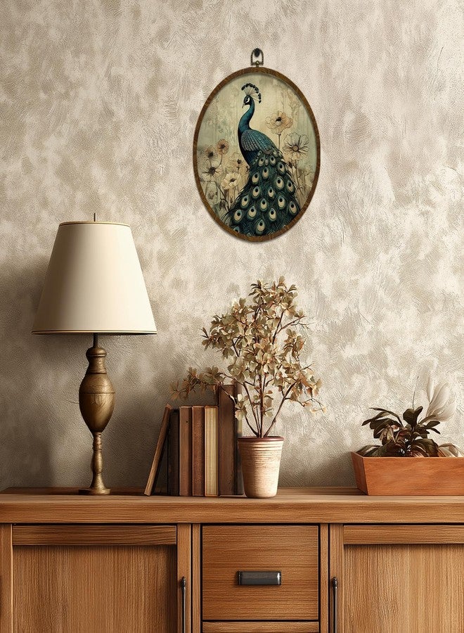 KLYTINK Vintage Peacock Wall Art, Round Wood Grain Frame, Floral Garden Design, Hanging Round Decor,Linen Canvas Prints for Bedroom Living Room Diameter 10in (Peacock) - Image 4
