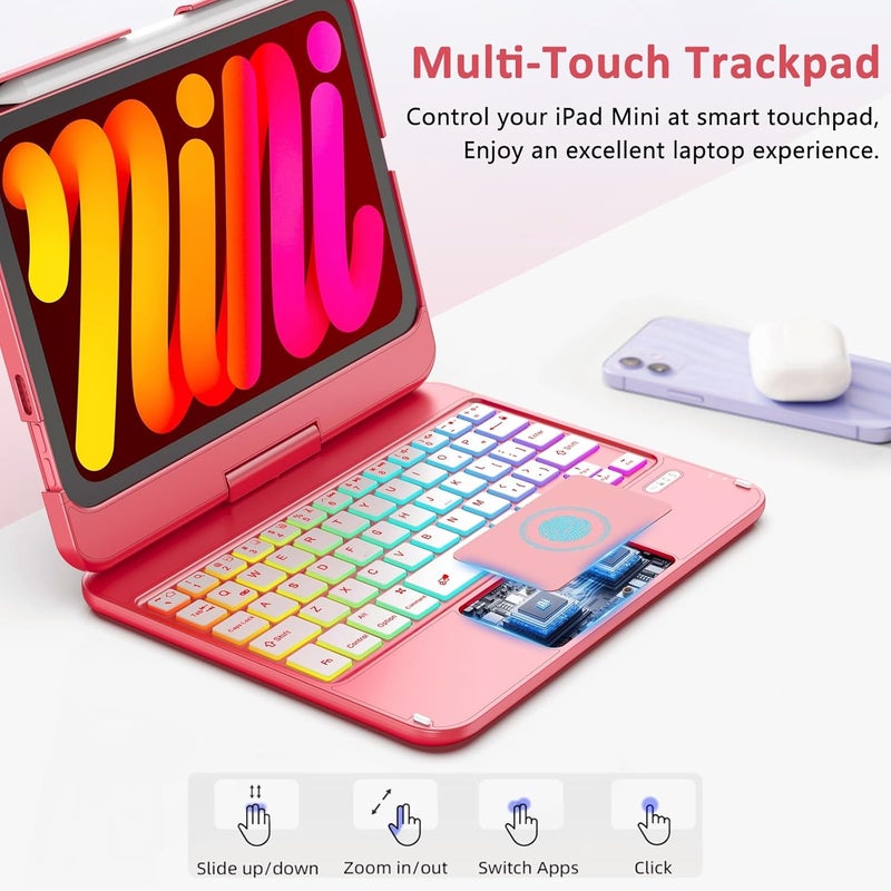 FUWANG Keyboard Case for iPad mini 7 A17 Pro (2024) & iPad mini 6th Generation (2021) 8.3-inch, 360° Swivel, Multi-Touch Trackpad, 7-Color Backlit, Keyboard Cover with Pencil Holder, Red - Image 3