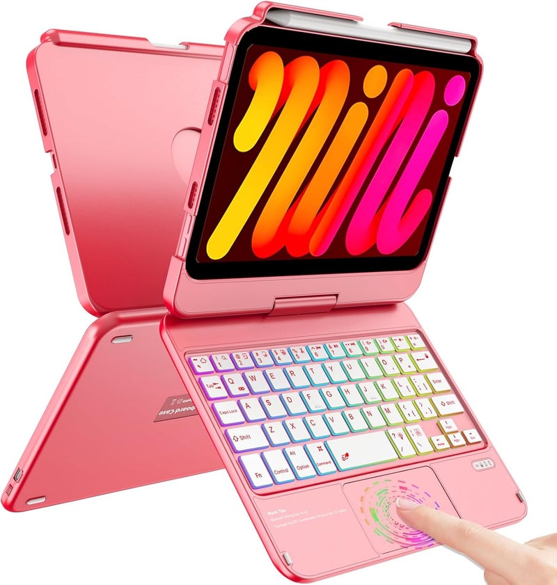 FUWANG Keyboard Case for iPad mini 7 A17 Pro (2024) & iPad mini 6th Generation (2021) 8.3-inch, 360° Swivel, Multi-Touch Trackpad, 7-Color Backlit, Keyboard Cover with Pencil Holder, Red - Image 1