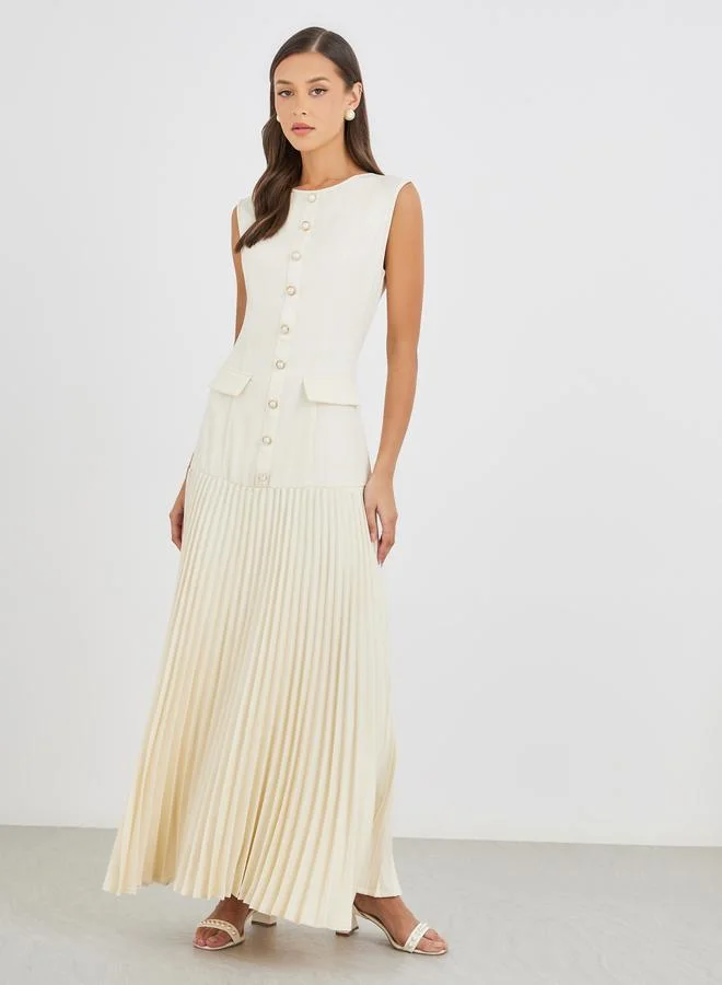 Styli Styli Women Cream Solid Sleeveless Pleated A-Line Maxi Dress
