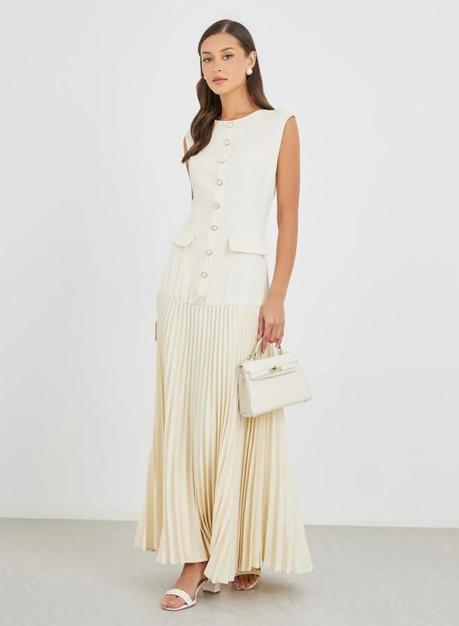 Styli Styli Women Cream Solid Sleeveless Pleated A-Line Maxi Dress
