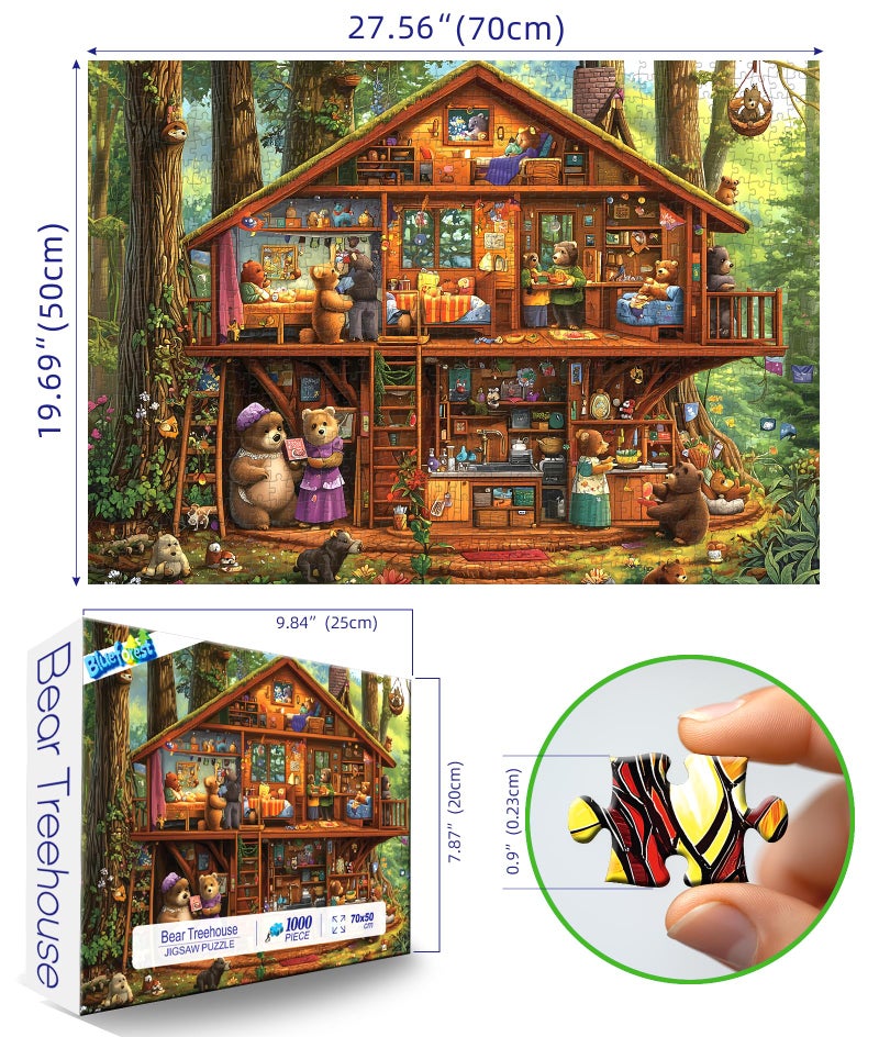 Blueforest 1000 Piece Jigsaw Puzzles for Adults & Seniors - Bear Family Treehouse Forest Puzzle, 27.5"x19.7" Adult Puzzle with Letters on Back, Home Decor Gift - Image 2