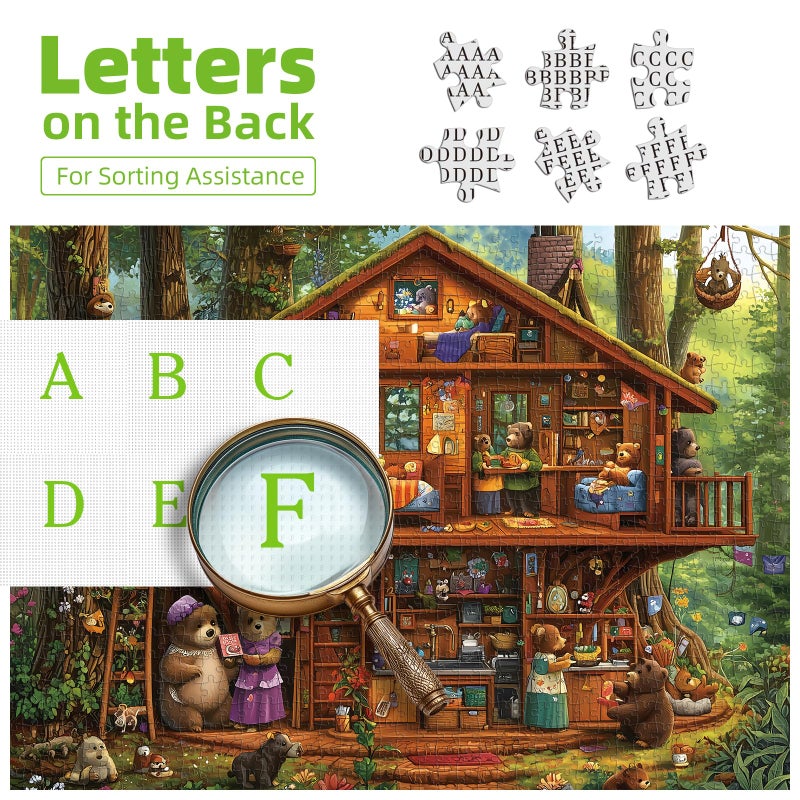 Blueforest 1000 Piece Jigsaw Puzzles for Adults & Seniors - Bear Family Treehouse Forest Puzzle, 27.5"x19.7" Adult Puzzle with Letters on Back, Home Decor Gift - Image 3