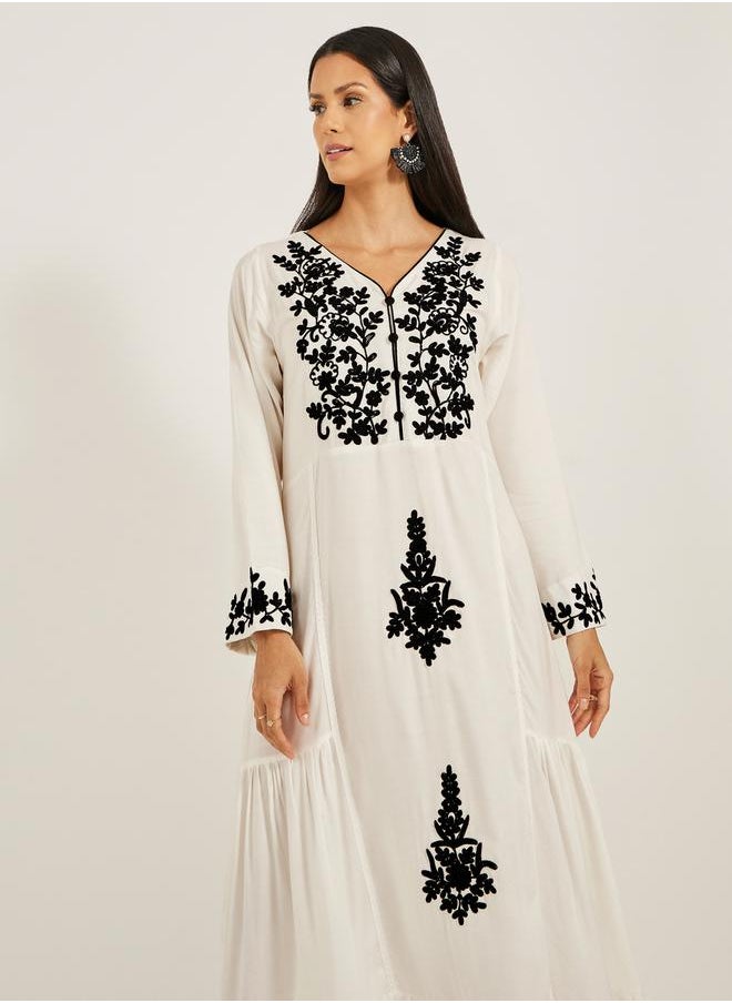 Maxim Creation - Embroidered V-Neck A-Line Tiered Kaftan by Styli - Image 1